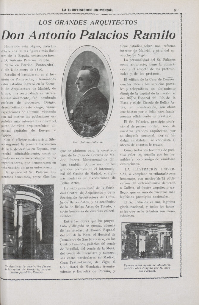 Los grandes arquitectos. Don Antonio Palacios Ramilo. «La Ilustración Universal», n.º 22, septiembre de 1925. Imagen de Los grandes arquitectos. Don Antonio Palacios Ramilo. «La Ilustración Universal», n.º 22, septiembre de 1925.